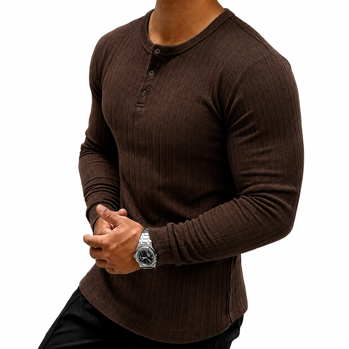 Men's Slim Fit Ribbed Henley Shirt | Long Sleeve Muscle Fit