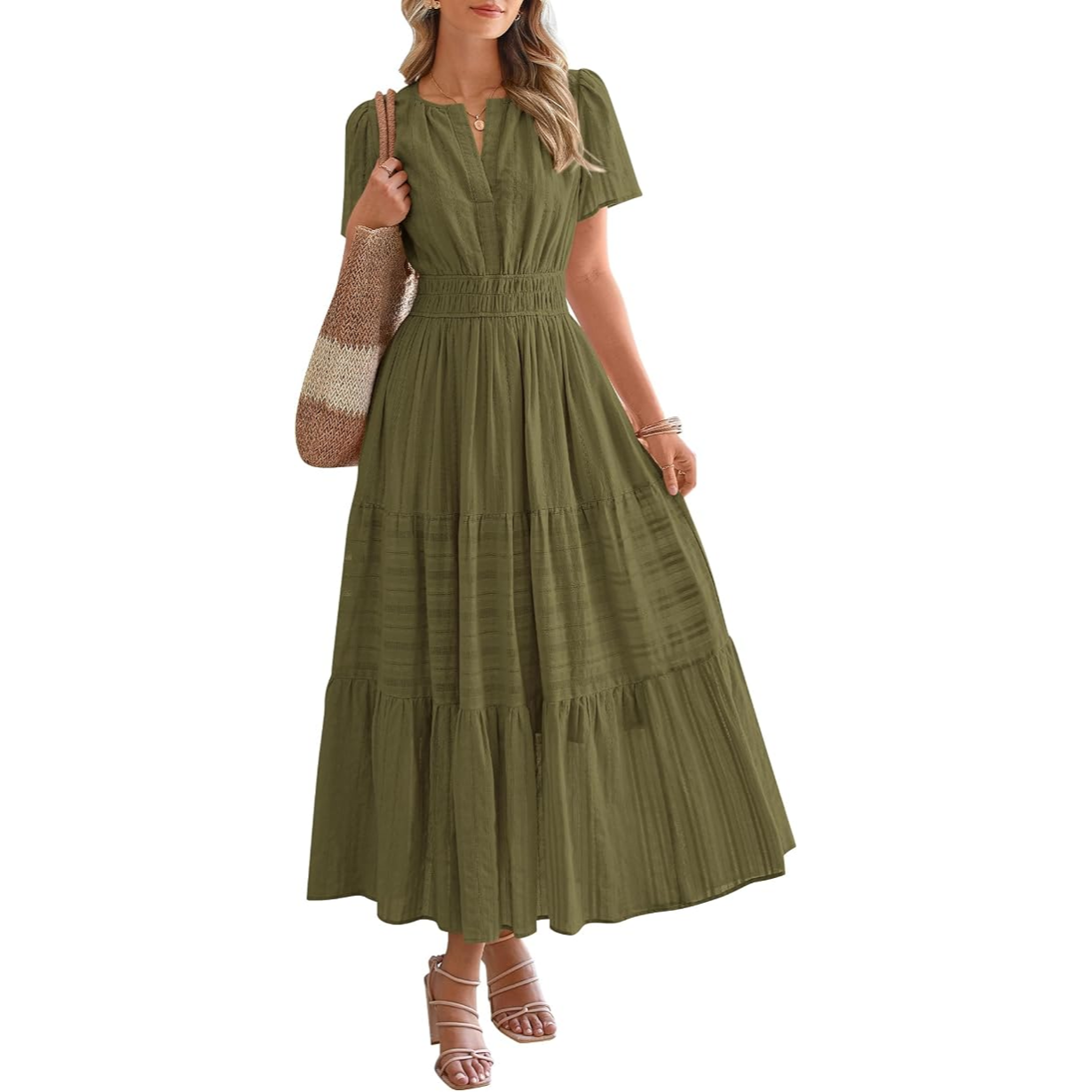 Women's Casual Maxi Dress – V Neck Short Sleeve Elastic Waist A-Line Dress with Pockets
