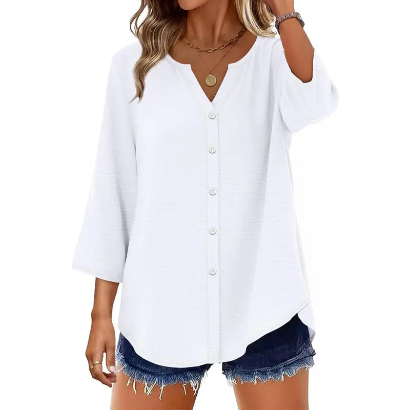Effortless Elegance – Women's V-Neck Button-Down Blouse