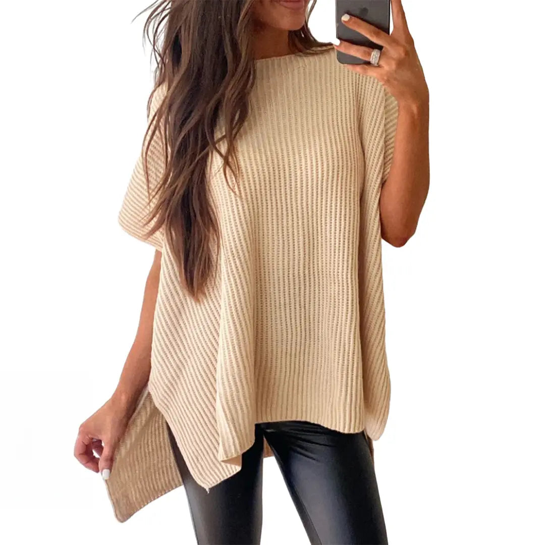 Women's Casual Oversized Solid Knit Pullover Sweater with Puff Short Sleeves