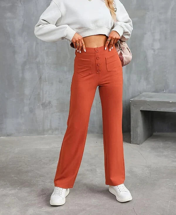 Women's High-Waisted Stretch Pants – Comfortable Straight-Leg Pants with Pockets