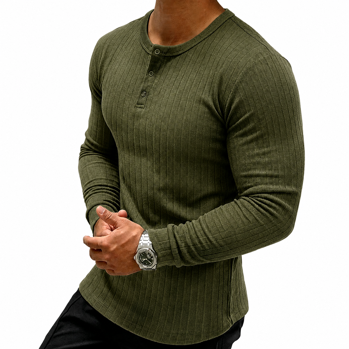 Men's Slim Fit Ribbed Henley Shirt | Long Sleeve Muscle Fit