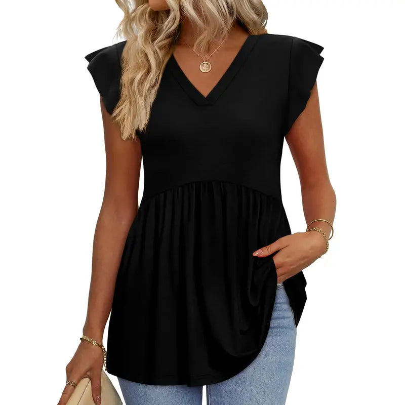 Women's Summer Babydoll Tops – Flowy V-Neck Casual Blouses with Flutter Sleeves