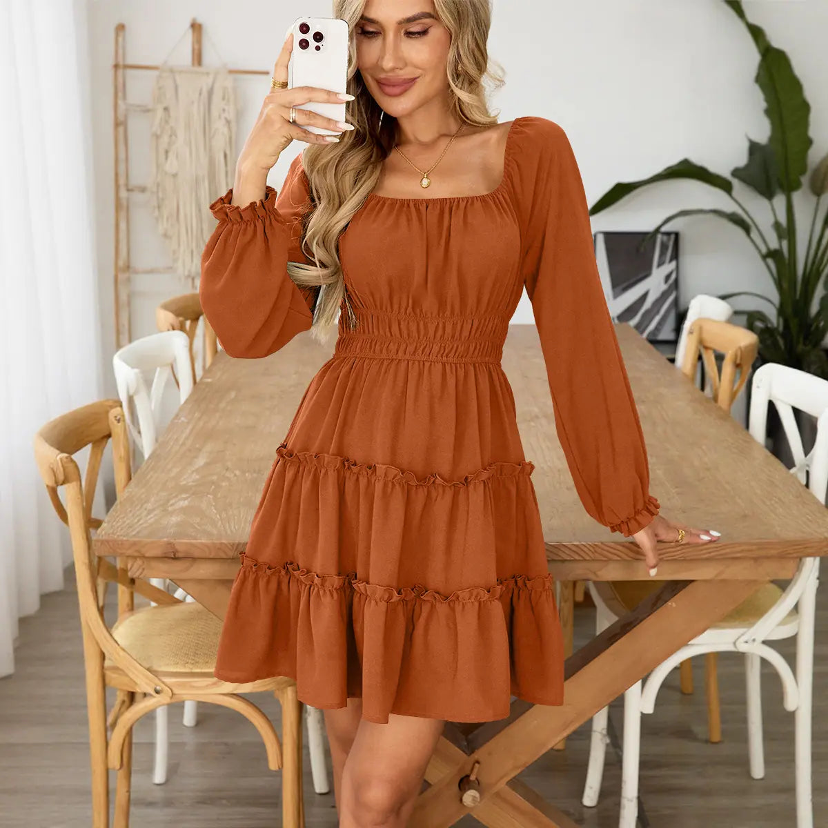 Women's Square Neck Boho Mini Dress
