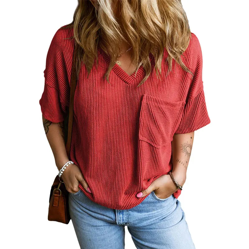 Women's Oversized Ribbed Knit V-Neck Summer T-Shirt | Soft Casual Loose Fit Tee