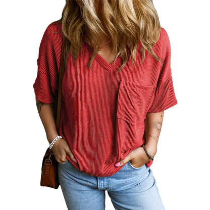 Women's Oversized Ribbed Knit V-Neck Summer T-Shirt | Soft Casual Loose Fit Tee