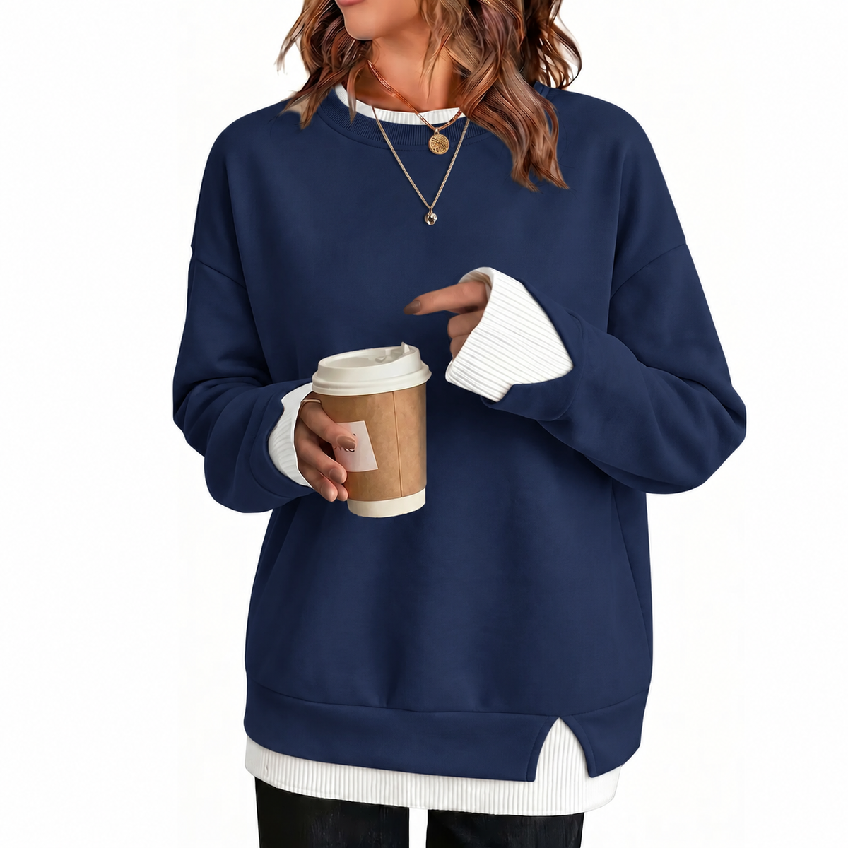 Women's Loose Fit Faux Two-Piece Crewneck Sweatshirt – Casual Layered Look Pullover