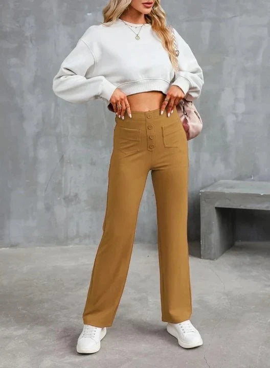 Women's High-Waisted Stretch Pants – Comfortable Straight-Leg Pants with Pockets