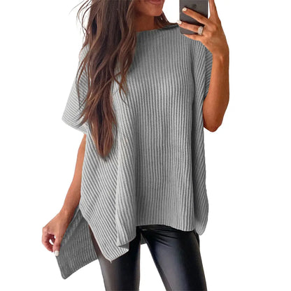 Women's Casual Oversized Solid Knit Pullover Sweater with Puff Short Sleeves
