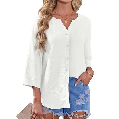Effortless Elegance – Women's V-Neck Button-Down Blouse