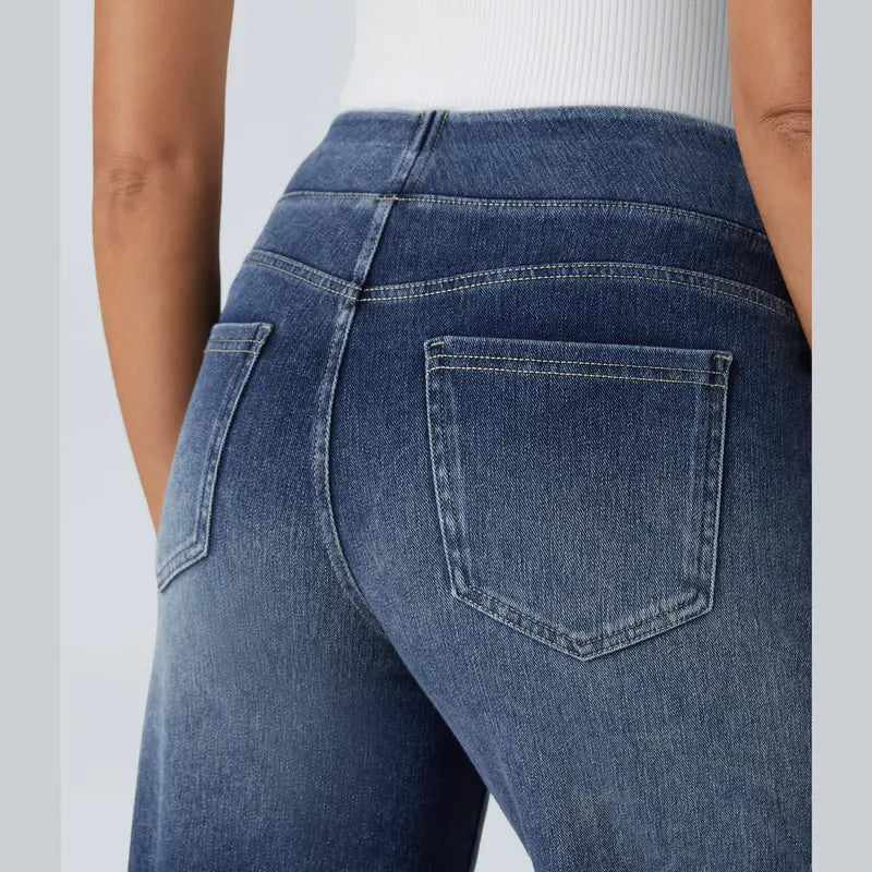 Women's High-Waisted Washed Baggy Wide-Leg Stretchy Knit Jeans with Multiple Pockets – Comfortable Casual Denim, Minimalist Design