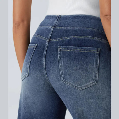 Women's High-Waisted Washed Baggy Wide-Leg Stretchy Knit Jeans with Multiple Pockets – Comfortable Casual Denim, Minimalist Design