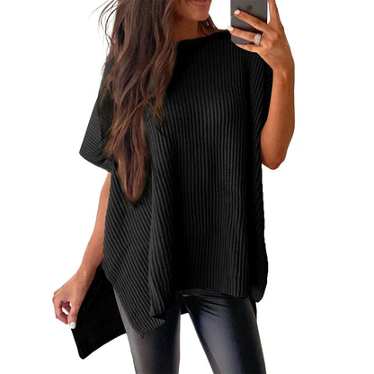 Women's Casual Oversized Solid Knit Pullover Sweater with Puff Short Sleeves