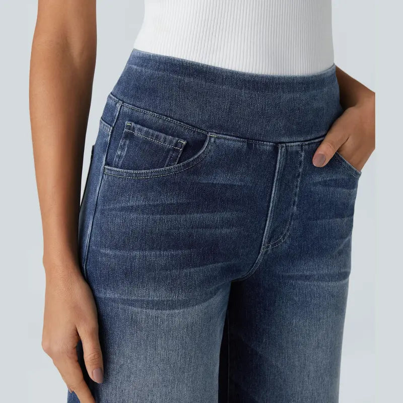 Women's High-Waisted Washed Baggy Wide-Leg Stretchy Knit Jeans with Multiple Pockets – Comfortable Casual Denim, Minimalist Design