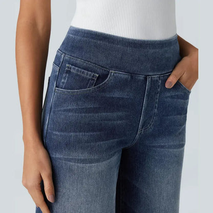 Women's High-Waisted Washed Baggy Wide-Leg Stretchy Knit Jeans with Multiple Pockets – Comfortable Casual Denim, Minimalist Design