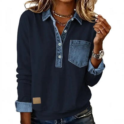 Women's denim collared patchwork hoodie, half-button casual pullover with chest pocket. Loose long-sleeved style - Autumn fashion item - Everyday wear hoodie top