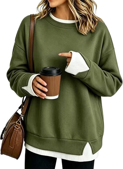Women's Loose Fit Faux Two-Piece Crewneck Sweatshirt – Casual Layered Look Pullover