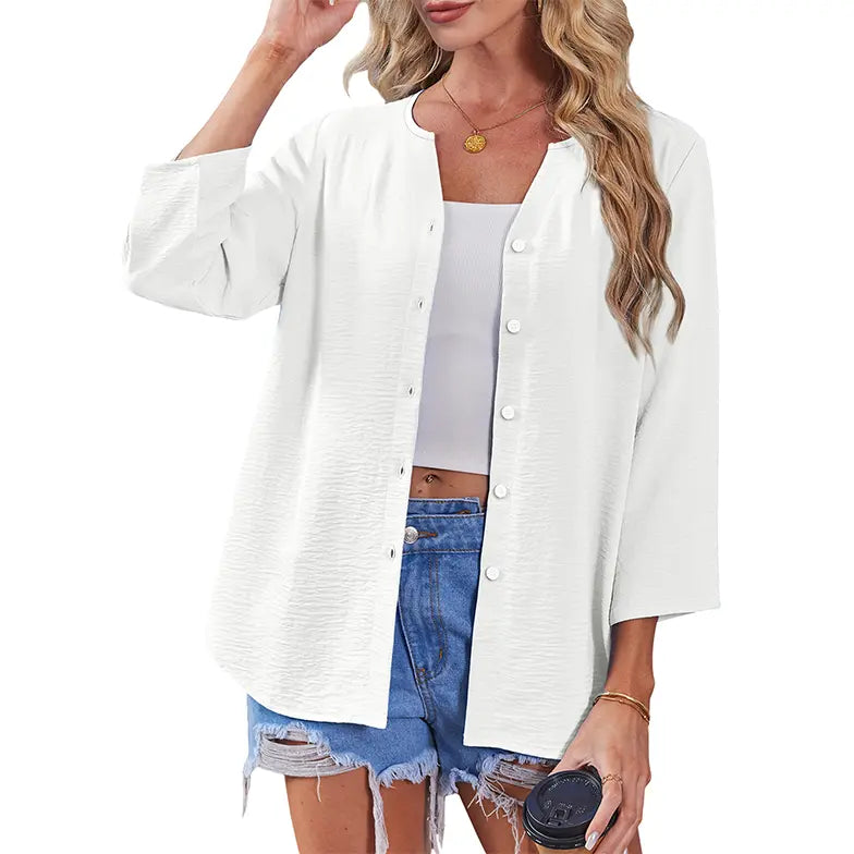 Effortless Elegance – Women's V-Neck Button-Down Blouse