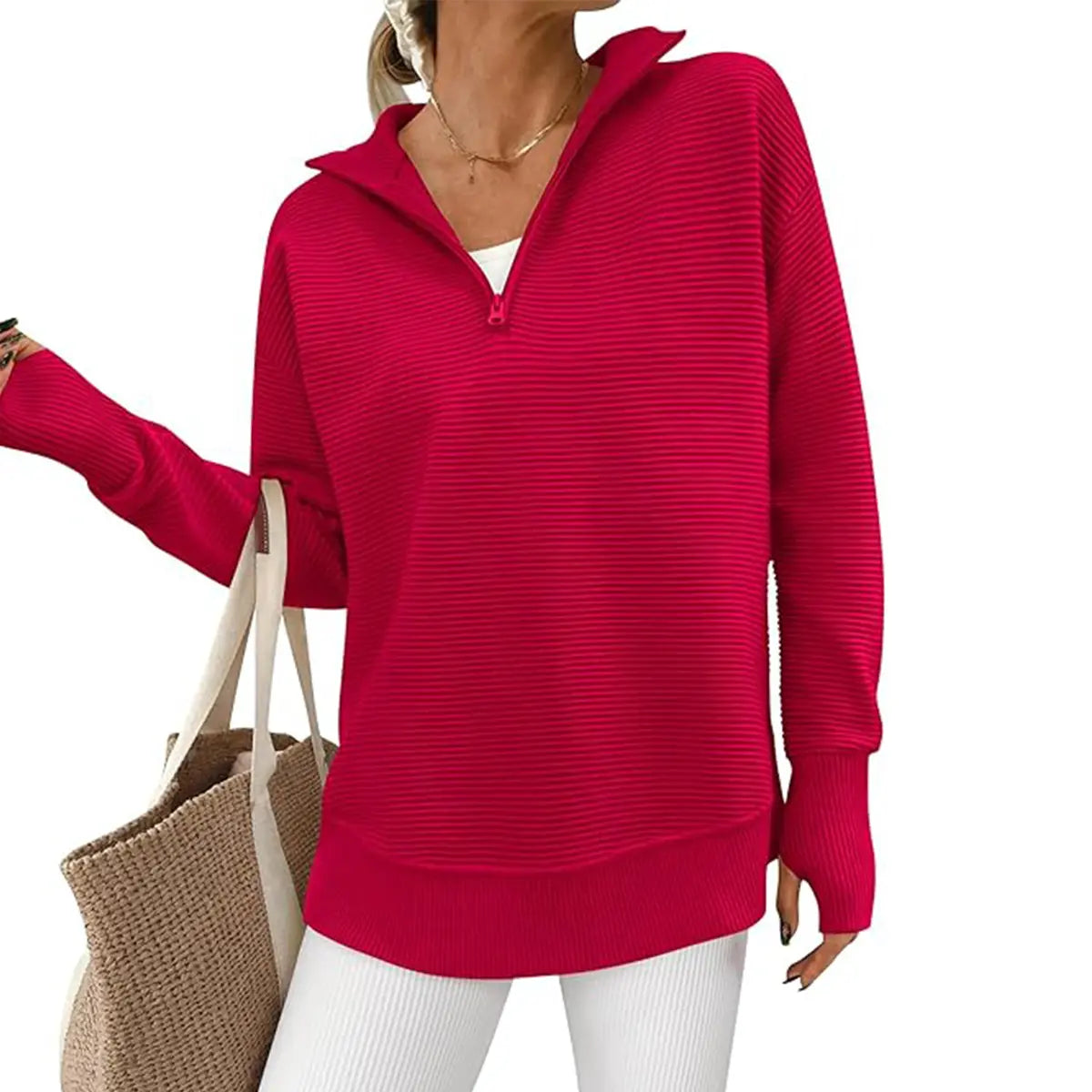 Women's Long Sleeve Quarter Zip Pullover Sweater Casual Loose V Neck Collared Ribbed Knit Jumper Tops
