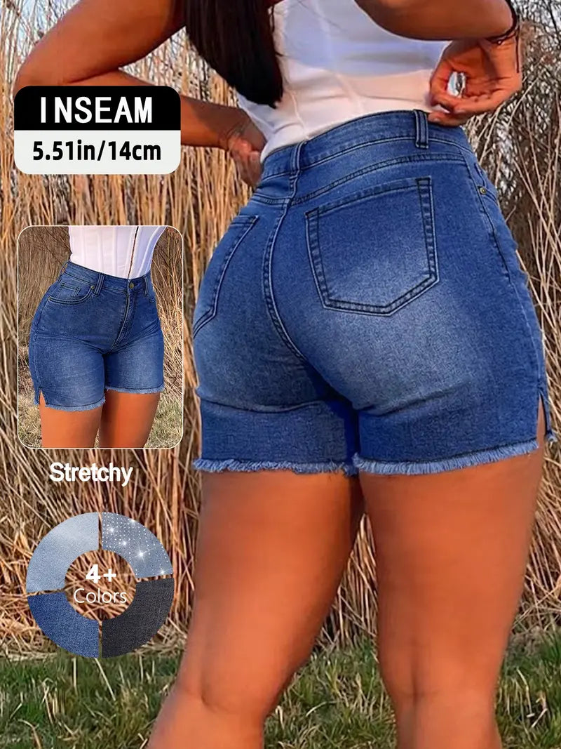 Women's Vintage Y2K High-Waisted Denim Shorts with Side Slit & Frayed Hem