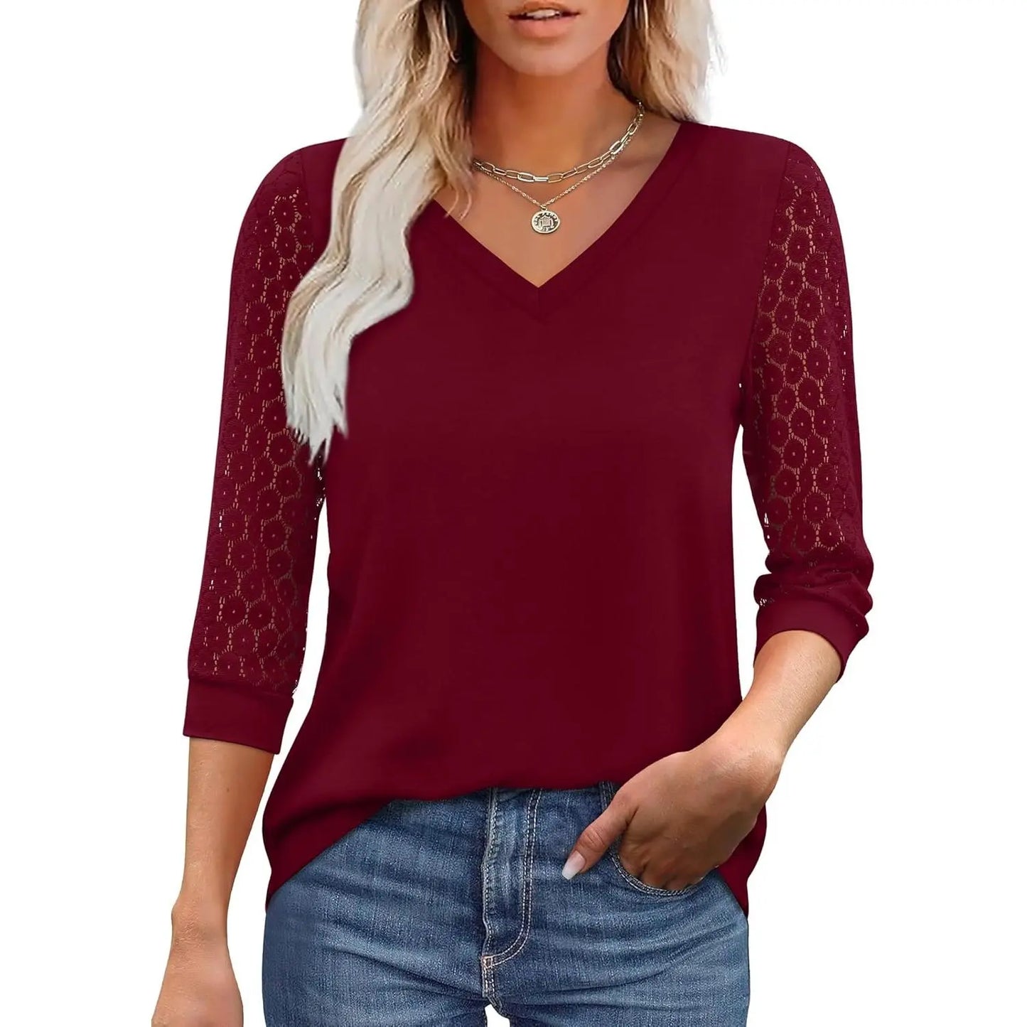 Women's 3/4 Sleeve Lace V-Neck Tunic Top – Elegant Business Casual Blouse