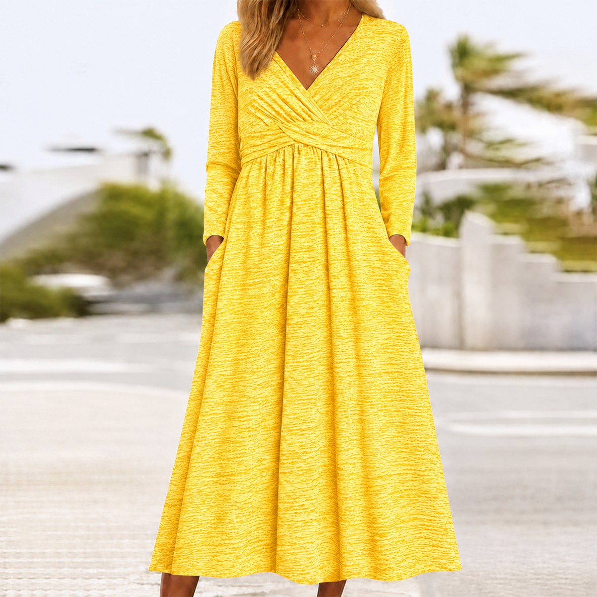 Women's Wrap V Neck Dress with Pockets