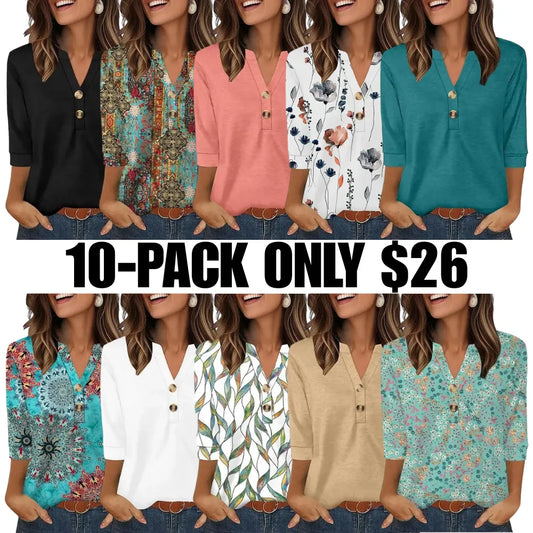 Women's 3/4 Sleeve Henley Blouse – Casual V-Neck Button Top with Relaxed Fit
