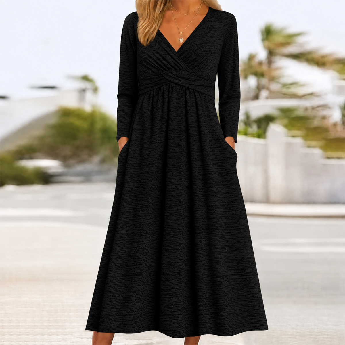 Women's Wrap V Neck Dress with Pockets