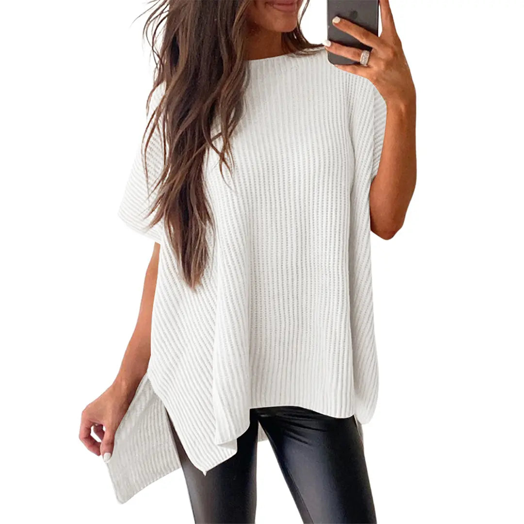 Women's Casual Oversized Solid Knit Pullover Sweater with Puff Short Sleeves