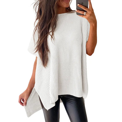 Women's Casual Oversized Solid Knit Pullover Sweater with Puff Short Sleeves