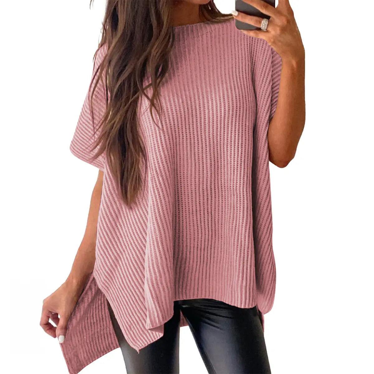 Women's Casual Oversized Solid Knit Pullover Sweater with Puff Short Sleeves