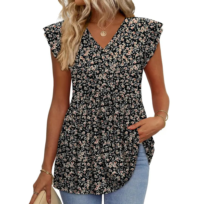 Women's Summer Babydoll Tops – Flowy V-Neck Casual Blouses with Flutter Sleeves