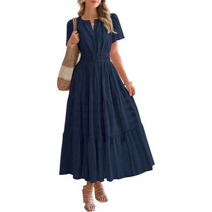 Women's Casual Maxi Dress – V Neck Short Sleeve Elastic Waist A-Line Dress with Pockets