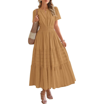 Women's Casual Maxi Dress – V Neck Short Sleeve Elastic Waist A-Line Dress with Pockets