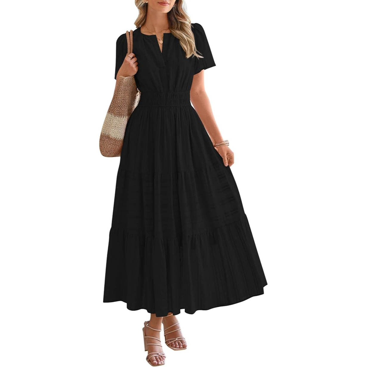 Women's Casual Maxi Dress – V Neck Short Sleeve Elastic Waist A-Line Dress with Pockets
