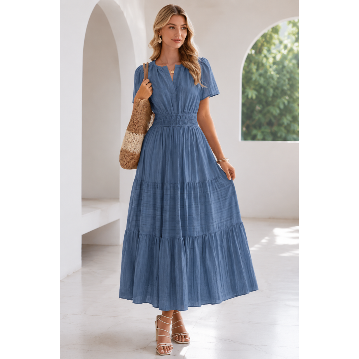 Women's Casual Maxi Dress – V Neck Short Sleeve Elastic Waist A-Line Dress with Pockets