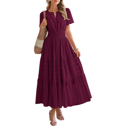 Women's Casual Maxi Dress – V Neck Short Sleeve Elastic Waist A-Line Dress with Pockets