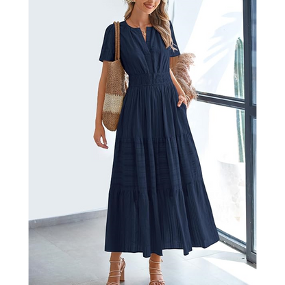 Women's Casual Maxi Dress – V Neck Short Sleeve Elastic Waist A-Line Dress with Pockets