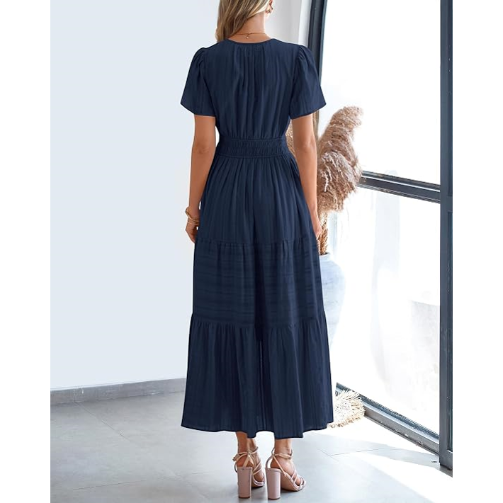 Women's Casual Maxi Dress – V Neck Short Sleeve Elastic Waist A-Line Dress with Pockets