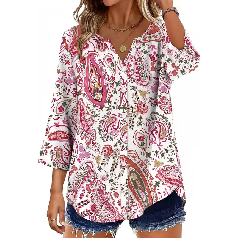 Effortless Elegance – Women's V-Neck Button-Down Blouse