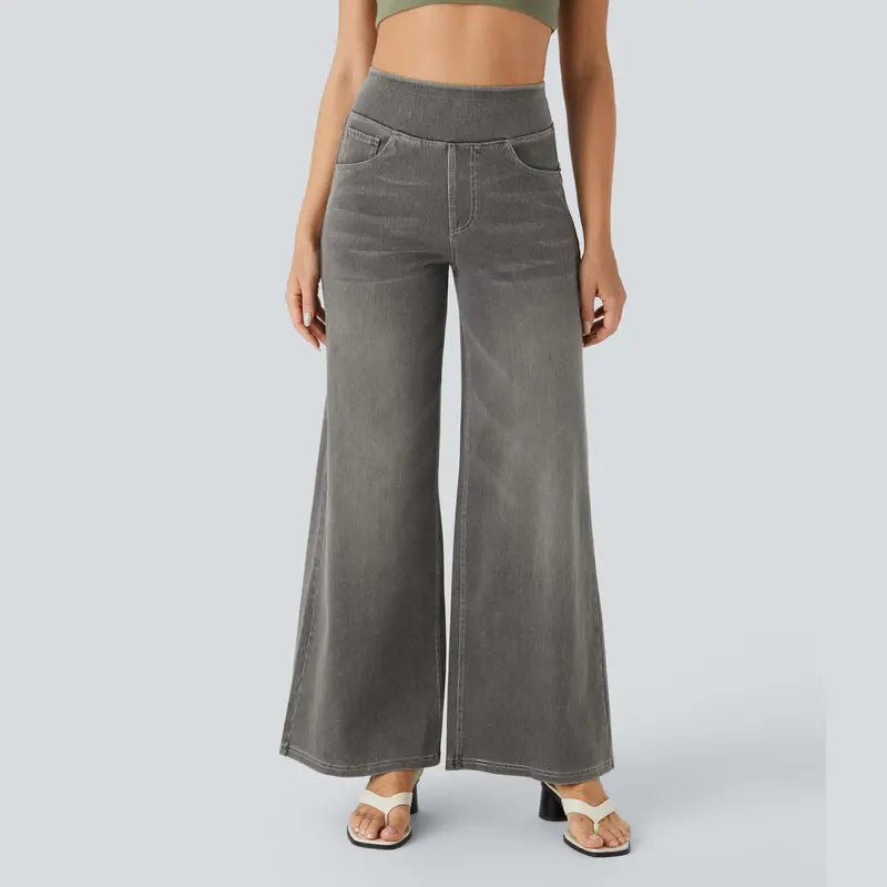 Women's High-Waisted Washed Baggy Wide-Leg Stretchy Knit Jeans with Multiple Pockets – Comfortable Casual Denim, Minimalist Design