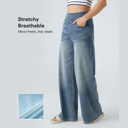 Women's High-Waisted Washed Baggy Wide-Leg Stretchy Knit Jeans with Multiple Pockets – Comfortable Casual Denim, Minimalist Design