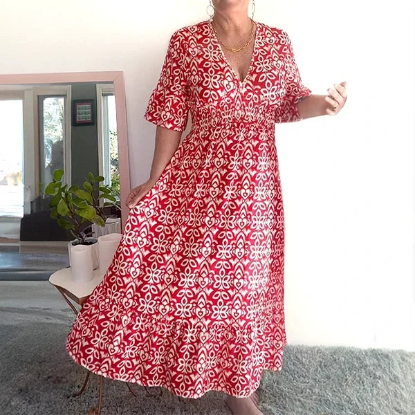 Bohemian Casual Print V-neck Waist Wrap Long Dress