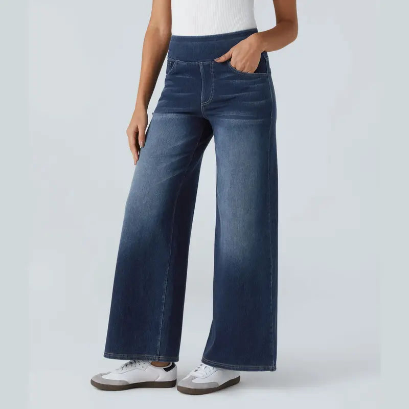 Women's High-Waisted Washed Baggy Wide-Leg Stretchy Knit Jeans with Multiple Pockets – Comfortable Casual Denim, Minimalist Design