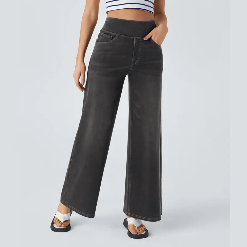 Women's High-Waisted Washed Baggy Wide-Leg Stretchy Knit Jeans with Multiple Pockets – Comfortable Casual Denim, Minimalist Design