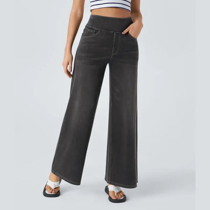 Women's High-Waisted Washed Baggy Wide-Leg Stretchy Knit Jeans with Multiple Pockets – Comfortable Casual Denim, Minimalist Design