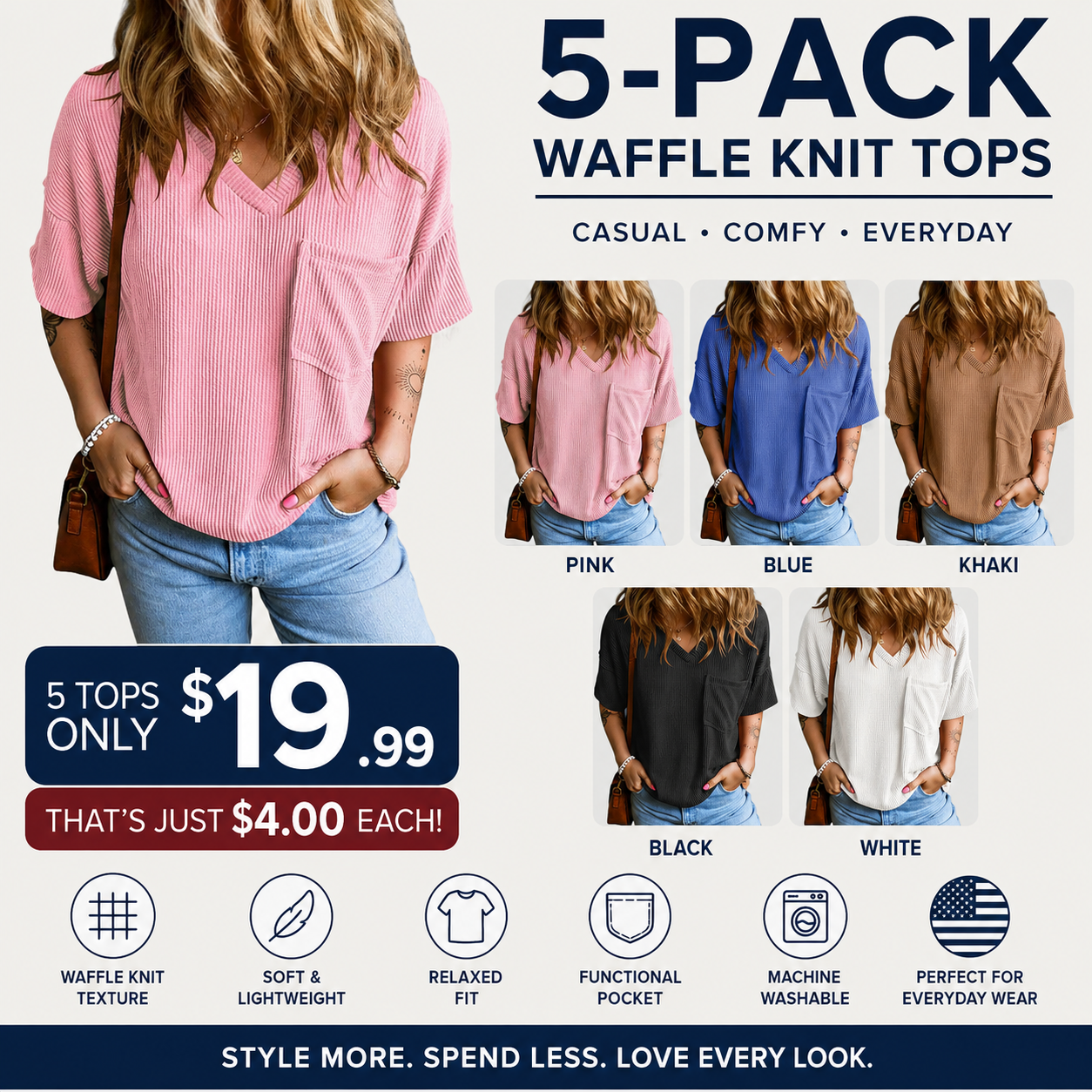 Women's Oversized Ribbed Knit V-Neck Summer T-Shirt | Soft Casual Loose Fit Tee