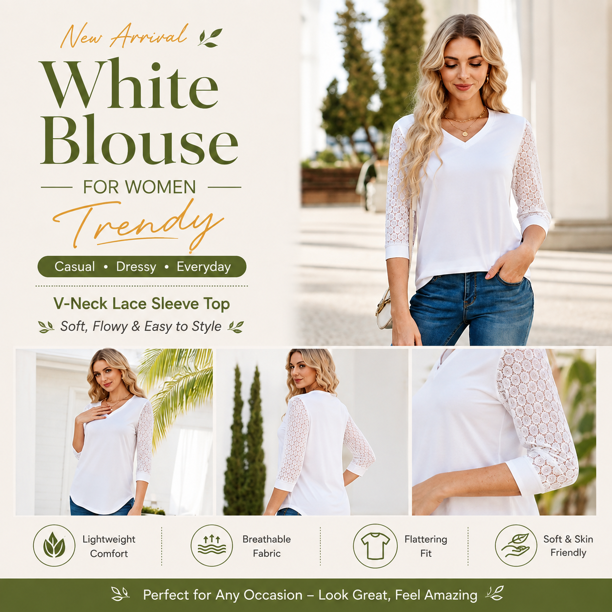 Women's 3/4 Sleeve Lace V-Neck Tunic Top – Elegant Business Casual Blouse