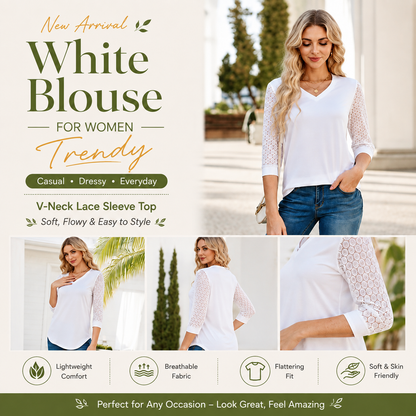 Women's 3/4 Sleeve Lace V-Neck Tunic Top – Elegant Business Casual Blouse