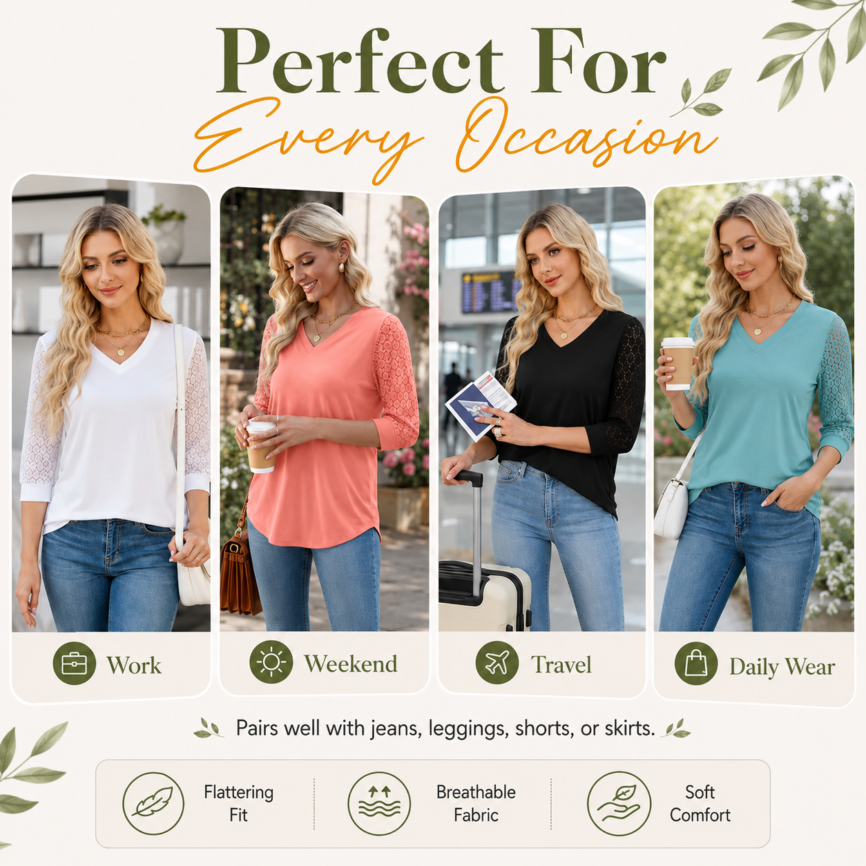 Women's 3/4 Sleeve Lace V-Neck Tunic Top – Elegant Business Casual Blouse